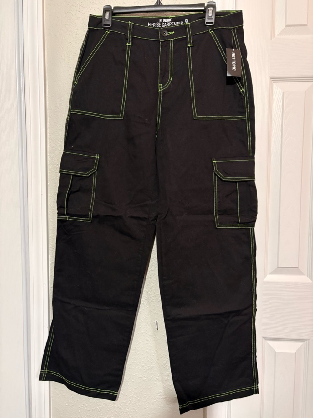 Hot Topic Black High-Rise Cargo Jeans with Neon Green Stitching